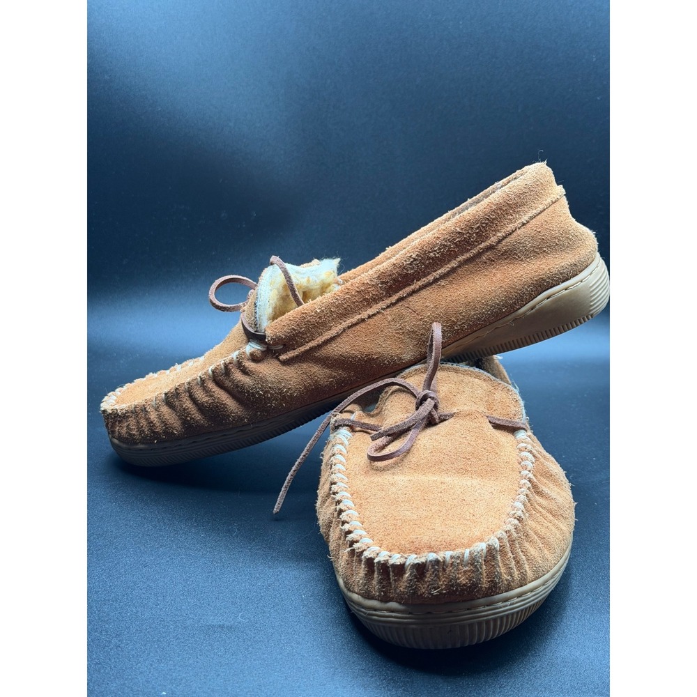 Tamarac Mens Tan Suede Moccasin Slippers Faux Shearling Line Size 11 House Shoes